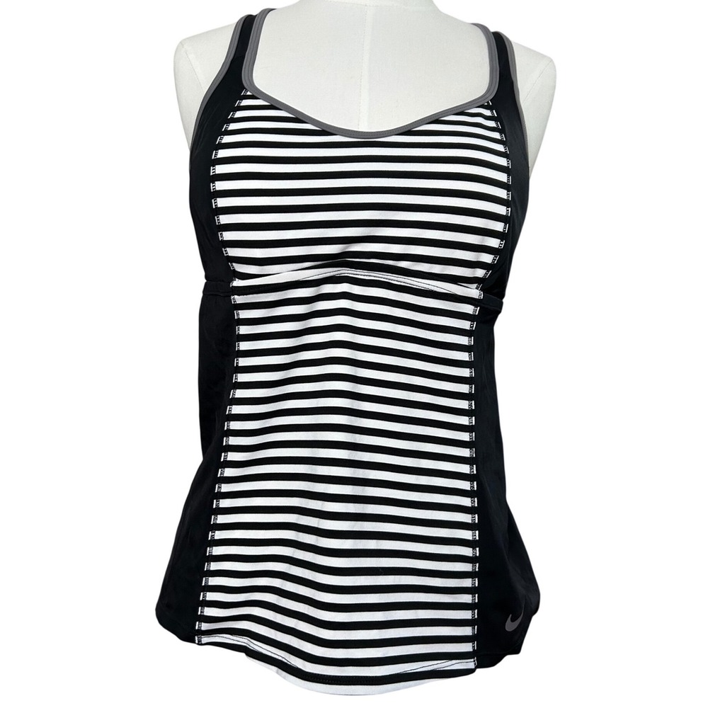 Y2K Nike Women's Tankini Swim Tank‎ Top Striped Black White Racerback Size L